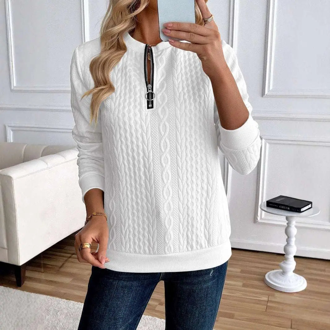 Gray Women's Loose Casual Pullover Half Zipper Long Sleeve Solid Color Texture Round Neck Hoodie For Women