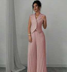 Light Slate Gray Fashion Vest Pleated Skirt Blouse And Pants Women's Clothing