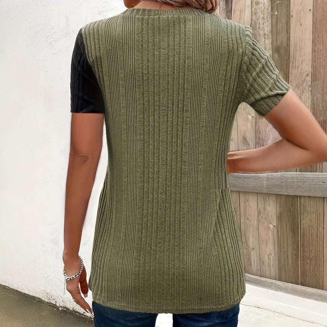Dim Gray Women's Fashion Fake Button Contrasting Short Sleeved Pullover Top