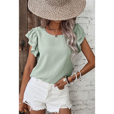 Gray Summer Solid Color Petal Sleeve Pullover Women