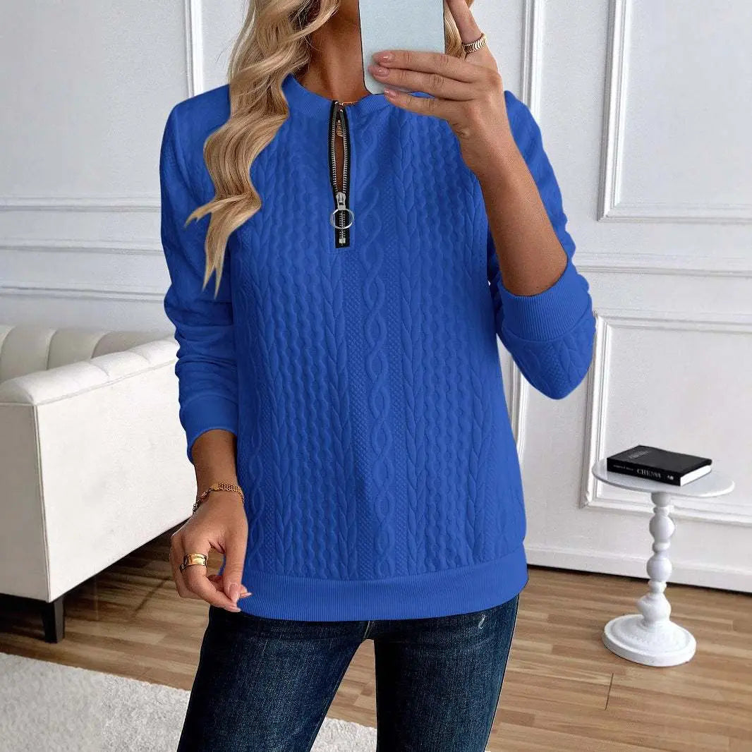 Midnight Blue Women's Loose Casual Pullover Half Zipper Long Sleeve Solid Color Texture Round Neck Hoodie For Women