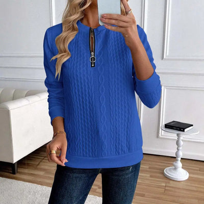 Midnight Blue Women's Loose Casual Pullover Half Zipper Long Sleeve Solid Color Texture Round Neck Hoodie For Women