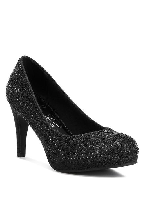Heels BLACK Rhinestone Stiletto Pumps - Jolly Elegant Shoes fashique fusion