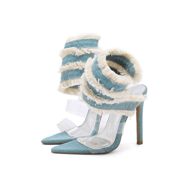 Light Gray Roman Denim Snake Spring Pointed-toe Stiletto Sandals