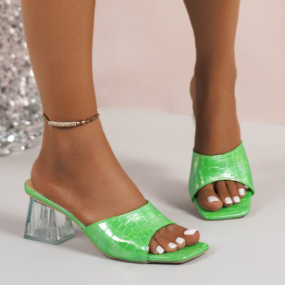 Gray Square-toed High-heeled Slides Slippers Summer Fashion Transparent Crystal Square-heeled Sandals For Women Shoes