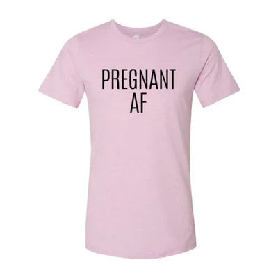 Light pink unisex t-shirt with bold black 'PREGNANT AF' text on the front, maternity shirt