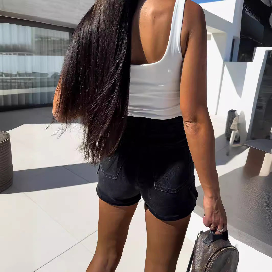 Dark Slate Gray Fashion Casual Solid Color Denim Culotte