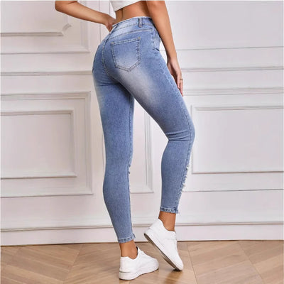 Gray Women's High Waist Stretch Denim Trousers Pearl Ripped Tassel