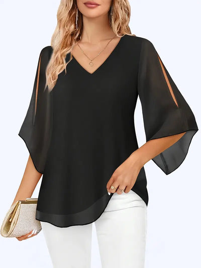 White Smoke V-neck Double-layer Mesh Shirt Top