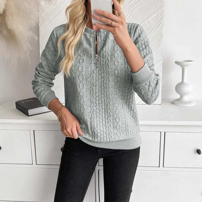 Light Gray Women's Loose Casual Pullover Half Zipper Long Sleeve Solid Color Texture Round Neck Hoodie For Women