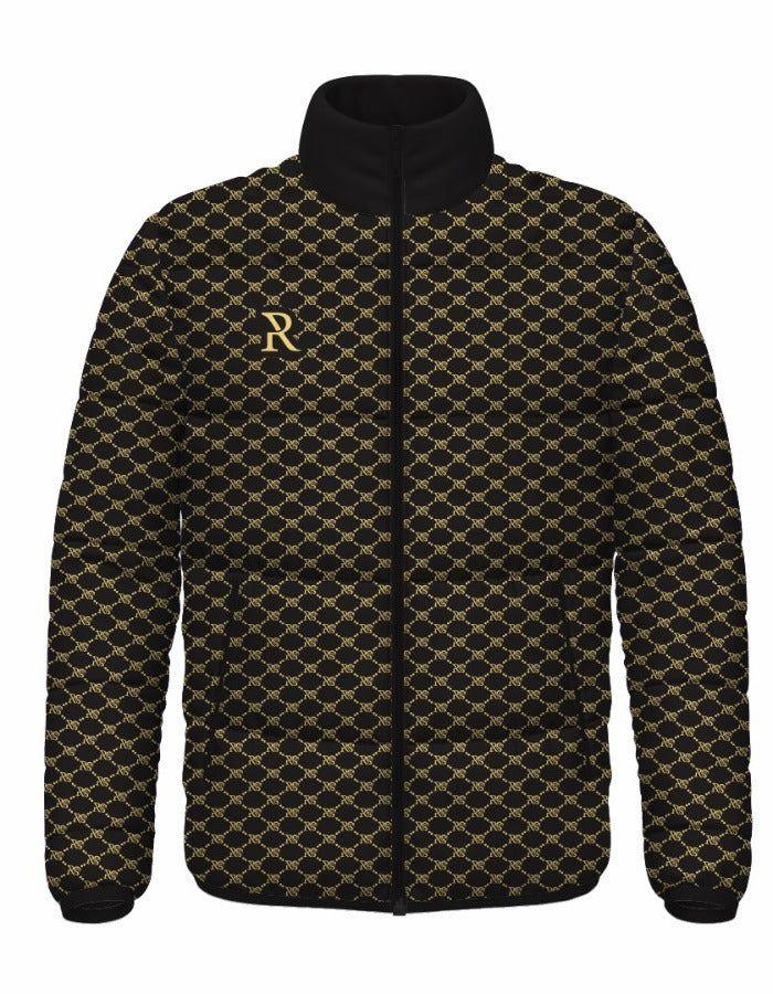 Black and gold patterned jacket with zipper and high collar, features a gold 'R' logo on chest