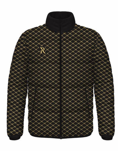 Black and gold patterned jacket with zipper and high collar, features a gold 'R' logo on chest