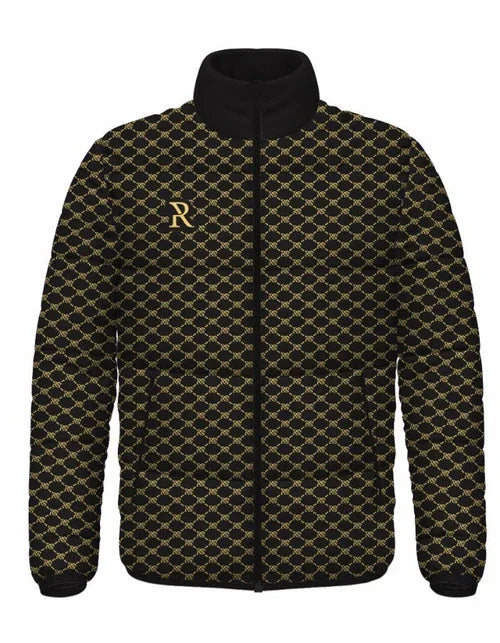 Black and gold patterned jacket with zip front and embroidered letter R on chest