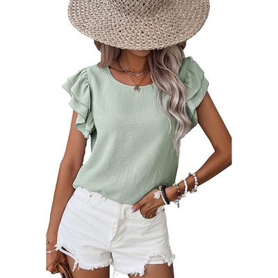 Gray Summer Solid Color Petal Sleeve Pullover Women