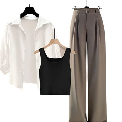 2 piece outfit Women’s Versatile Shirt, Vest & Wide-Leg Pants Suit – Slim Fit & Elegant Style Fashique Fusion