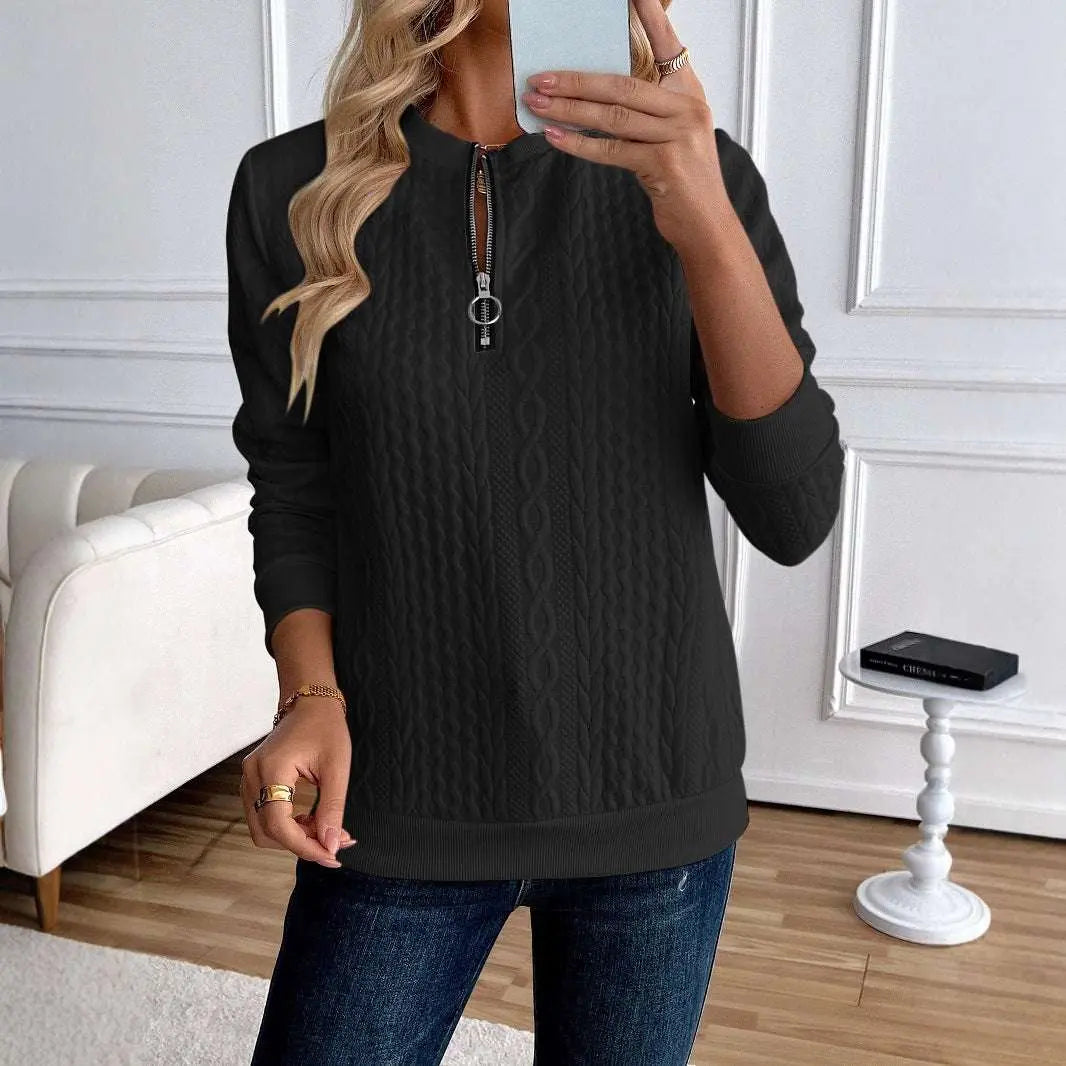 Black Women's Loose Casual Pullover Half Zipper Long Sleeve Solid Color Texture Round Neck Hoodie For Women