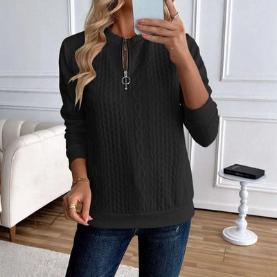 Black Women's Loose Casual Pullover Half Zipper Long Sleeve Solid Color Texture Round Neck Hoodie For Women