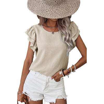 Gray Summer Solid Color Petal Sleeve Pullover Women