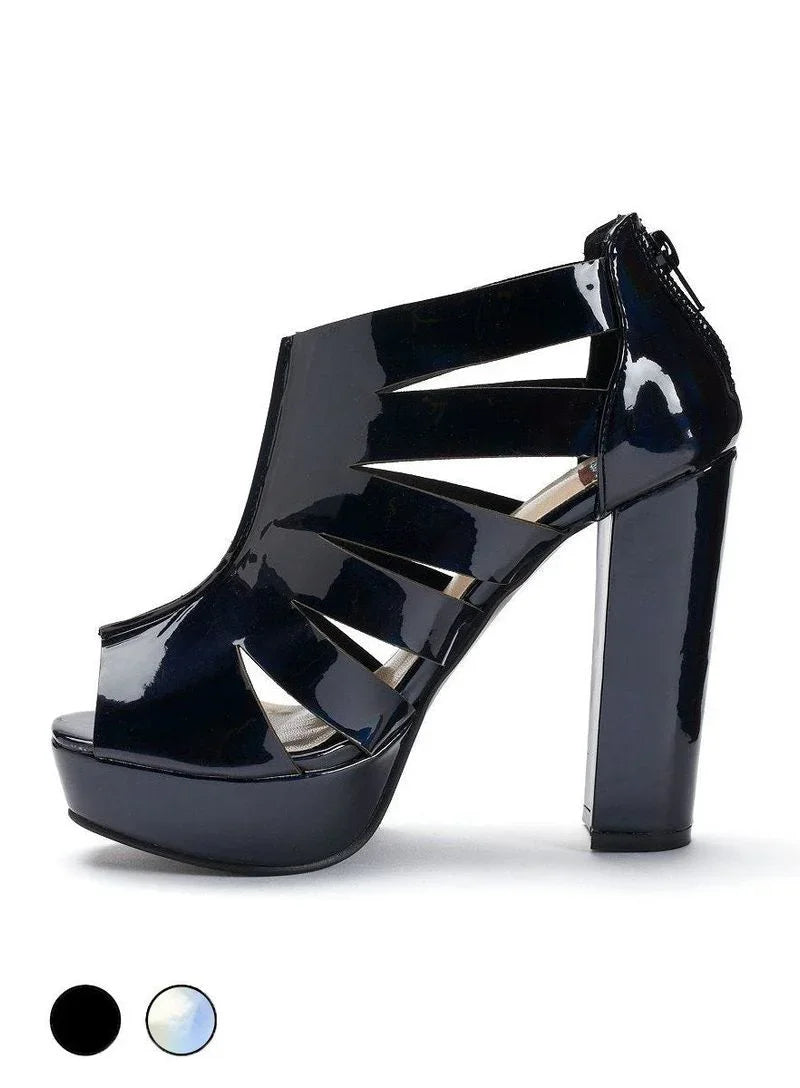 Black holographic patent leather platform heel sandal with cutout straps, side view