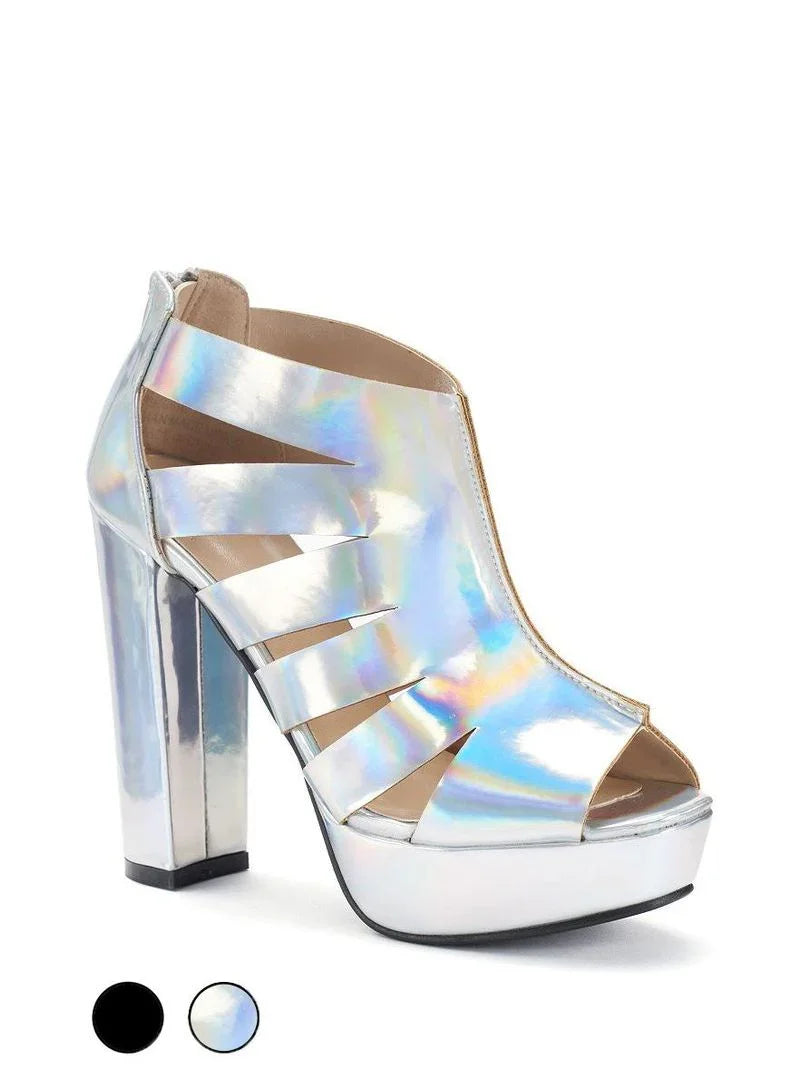 Holographic silver high heel platform sandal with cutout design on white background