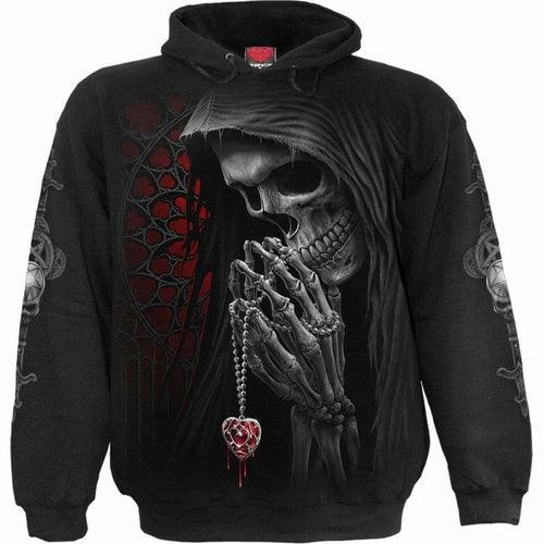 Black hoodie featuring a hooded skeleton praying with a heart-shaped rosary, gothic design