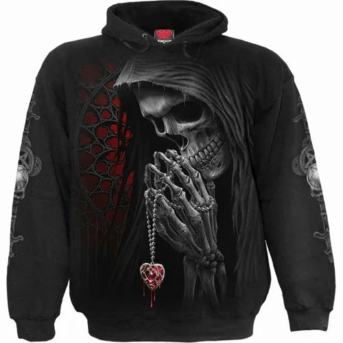 Black hoodie with praying grim reaper skeleton holding a bleeding heart pendant, gothic design