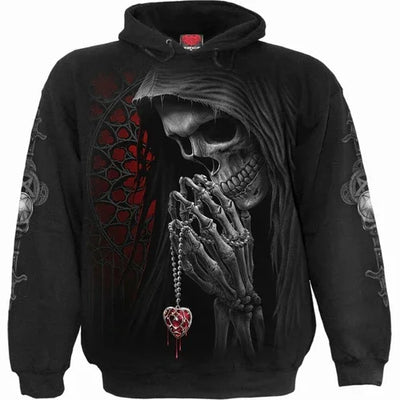 Black hoodie with praying grim reaper skeleton holding a bleeding heart pendant, gothic design