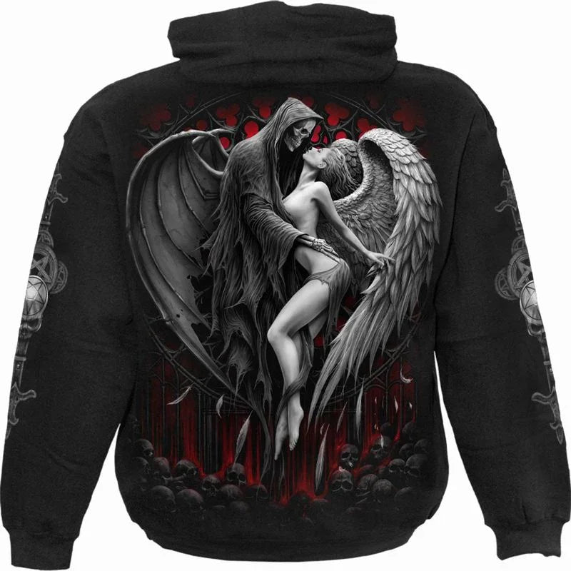 Black hoodie with gothic art of Grim Reaper embracing angel, red and skull background