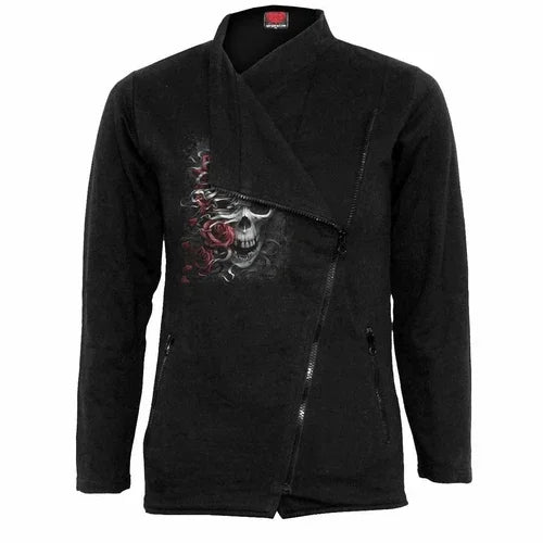 Black asymmetrical zip jacket with skull and red rose graphic on the left chest