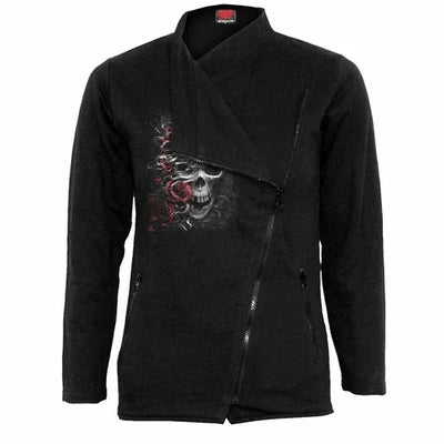 Black asymmetrical zip jacket with skull and red rose graphic on the left chest
