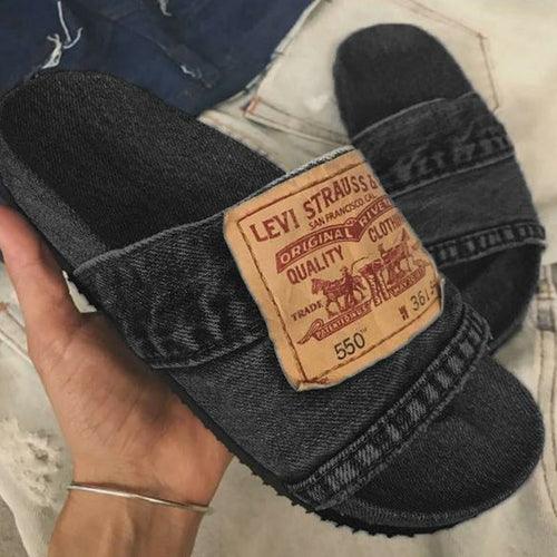 Denim Levi's sandals with signature label patch, casual flat slip-on style