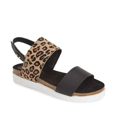 Women's sandal with black strap, leopard print band, and white sole