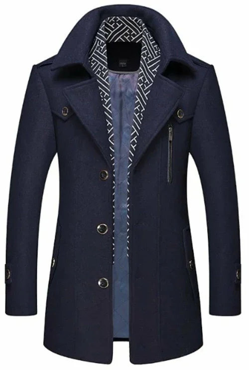 Men's navy blue trench coat with button closure and patterned inner lining