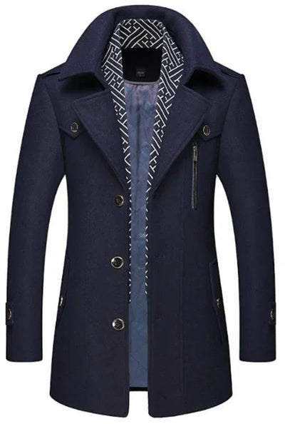 Men's navy blue trench coat with button closure and patterned inner lining