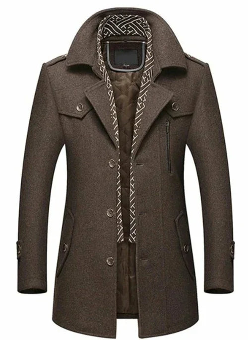 Men's brown wool coat with button closure and patterned inner lining, winter fashion outerwear