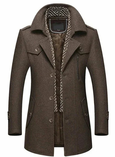 Men's brown wool coat with button closure and patterned inner lining, winter fashion outerwear