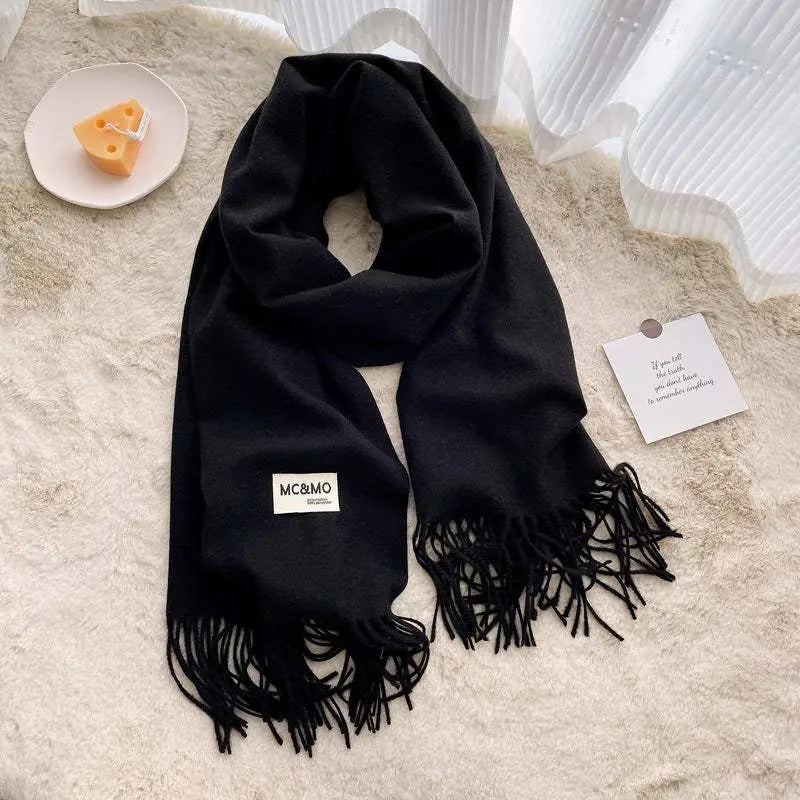 Black Cashmere Scarf Feel Solid Color Tassel Shawl Long Monochrome