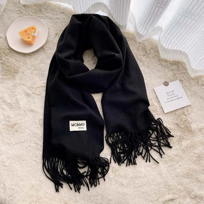 Black Cashmere Scarf Feel Solid Color Tassel Shawl Long Monochrome
