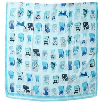 Powder Blue Cute Kitten Paradise Printed Silk Scarf