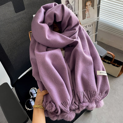 Dim Gray Beige Artificial Cashmere Scarf Fur Ball Winter Warm Tassel Shawl