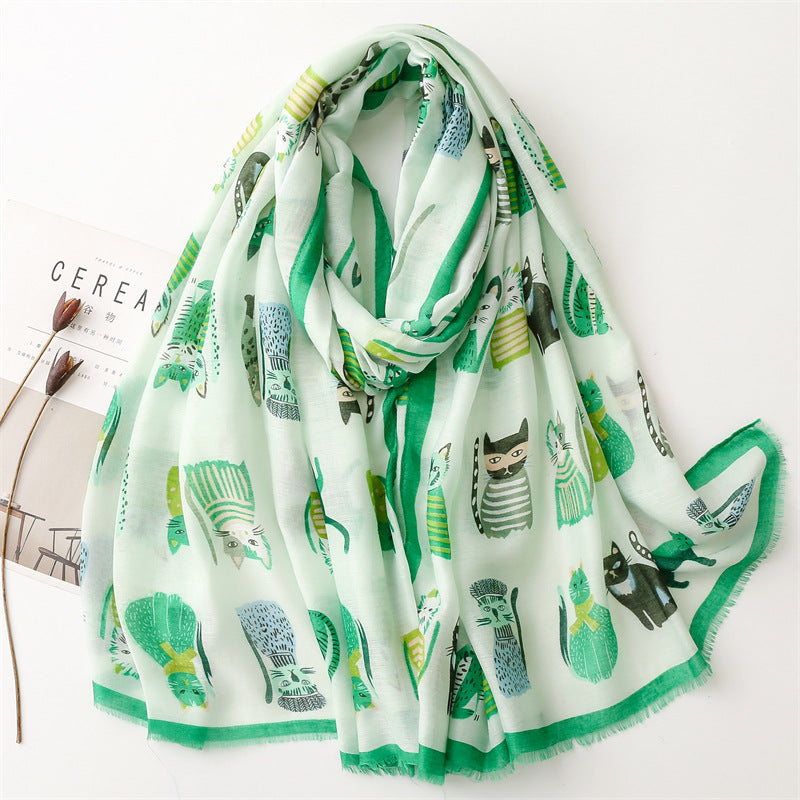 Light Gray Cute Kitten Paradise Printed Silk Scarf