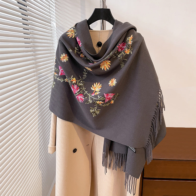 Gray Autumn And Winter Thick Simple Flower Embroidery Cashmere-like Ethnic Style Warm Scarf