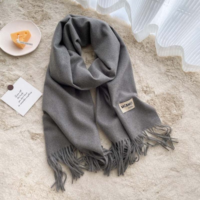 Gray Cashmere Scarf Feel Solid Color Tassel Shawl Long Monochrome