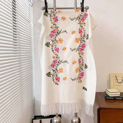 Light Gray Autumn And Winter Thick Simple Flower Embroidery Cashmere-like Ethnic Style Warm Scarf