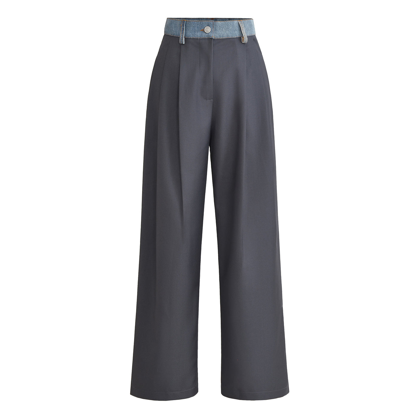Dark Slate Gray Color Contrast Patchwork Denim Waist High Waist Loose Straight Casual Pants