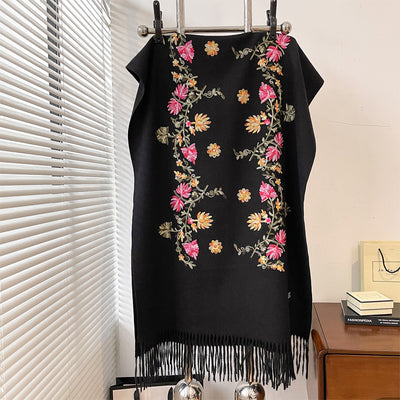 Black Autumn And Winter Thick Simple Flower Embroidery Cashmere-like Ethnic Style Warm Scarf