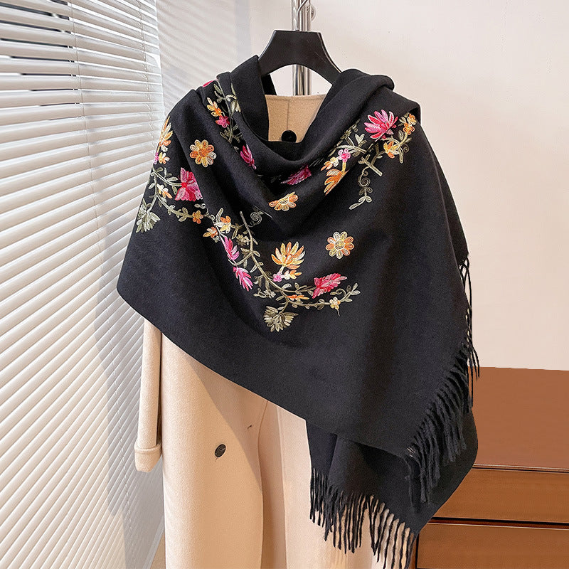 Dark Slate Gray Autumn And Winter Thick Simple Flower Embroidery Cashmere-like Ethnic Style Warm Scarf
