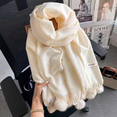 Rosy Brown Beige Artificial Cashmere Scarf Fur Ball Winter Warm Tassel Shawl