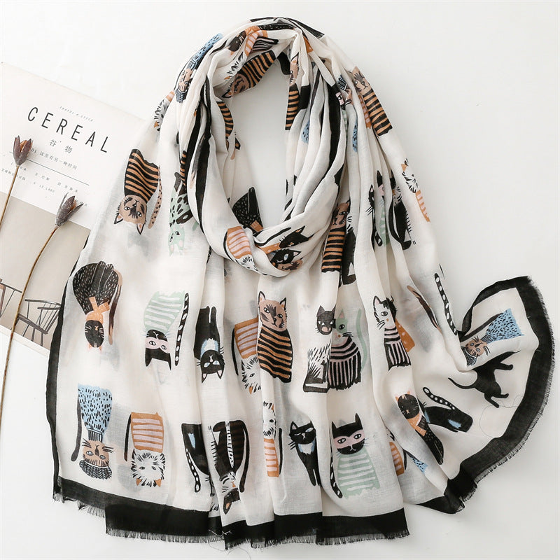 Light Gray Cute Kitten Paradise Printed Silk Scarf