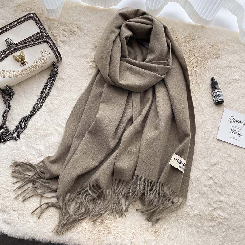 Gray Cashmere Scarf Feel Solid Color Tassel Shawl Long Monochrome
